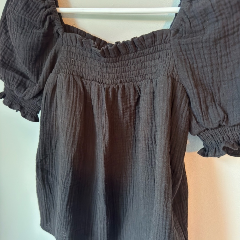 J. Crew Squareneck puff-sleeve soft gauze baby doll top in black - Picture 3 of 5